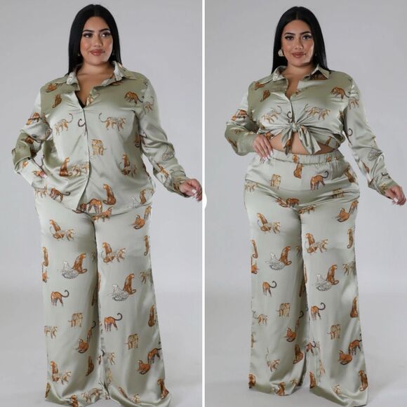 NWOT Good Times USA My Remedy Pant Top Set Sage Green Cheetah 1XL - Picture 1 of 9